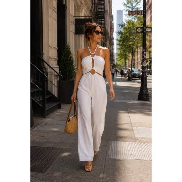 Pants - White Open Back Wide Leg Jumpsuit XS Beachy Chic Brunch Lunch Resort Vacation